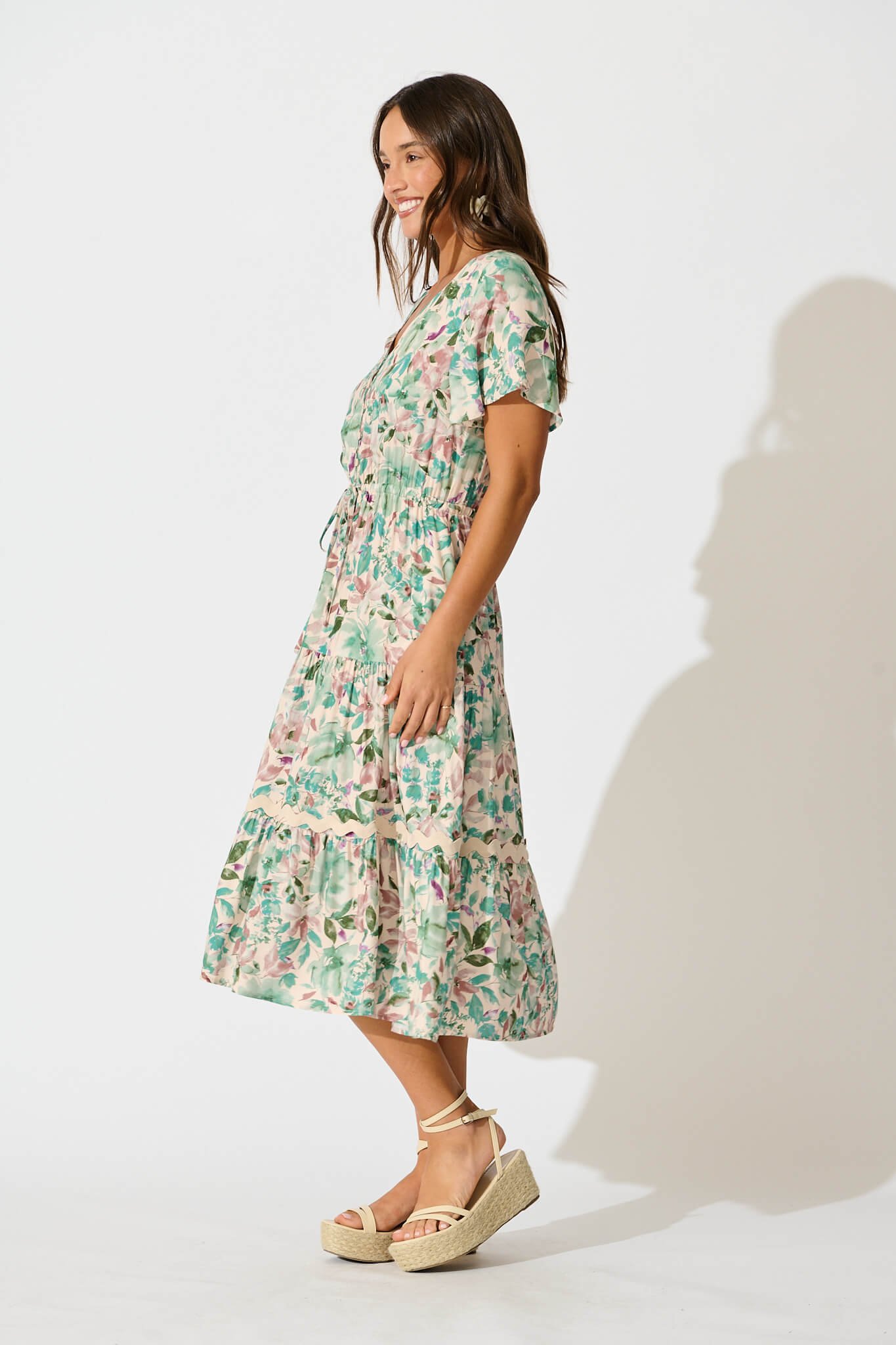 Midi Dress In White With Teal Floral - Image 3