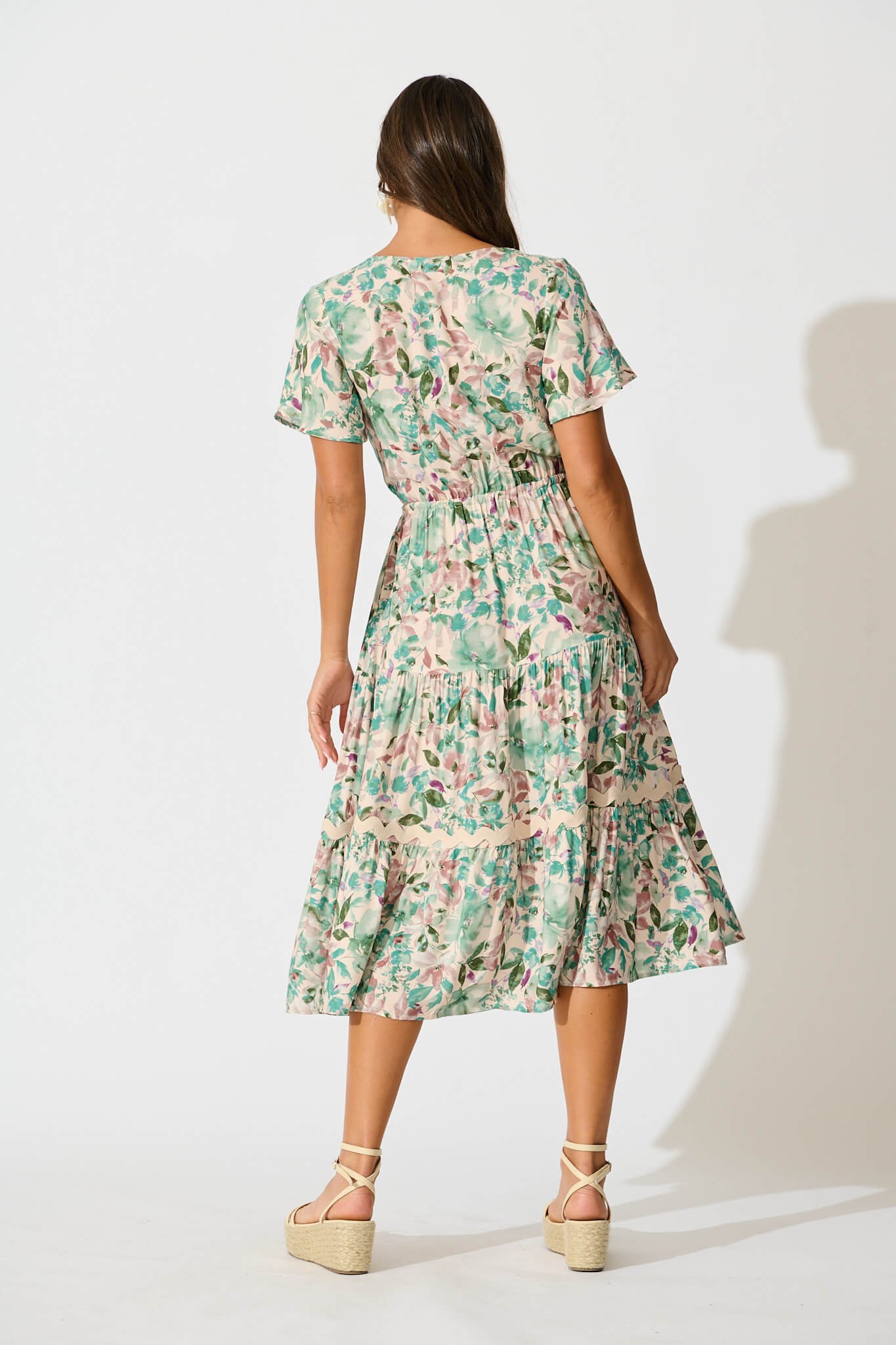 Midi Dress In White With Teal Floral - Image 4