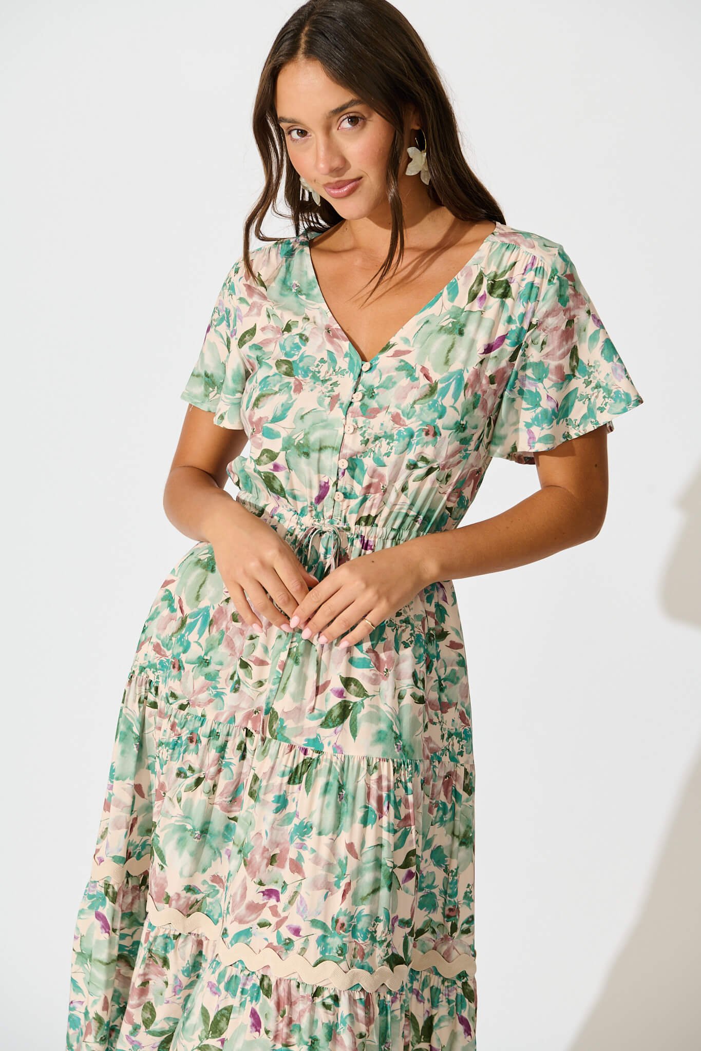 Midi Dress In White With Teal Floral - Image 2
