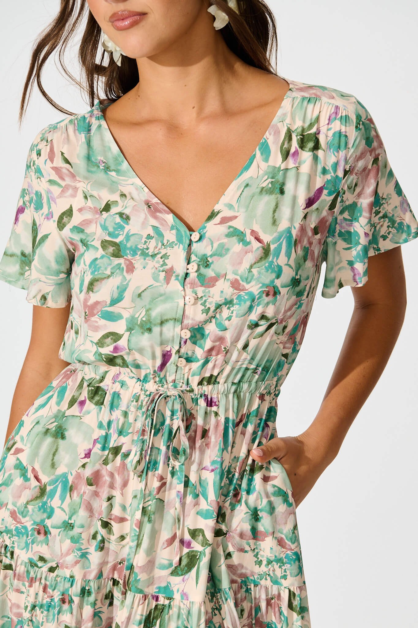 Midi Dress In White With Teal Floral - Image 5