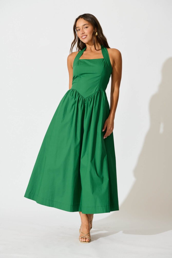 Halter Neck Maxi Dress in Green Cotton
