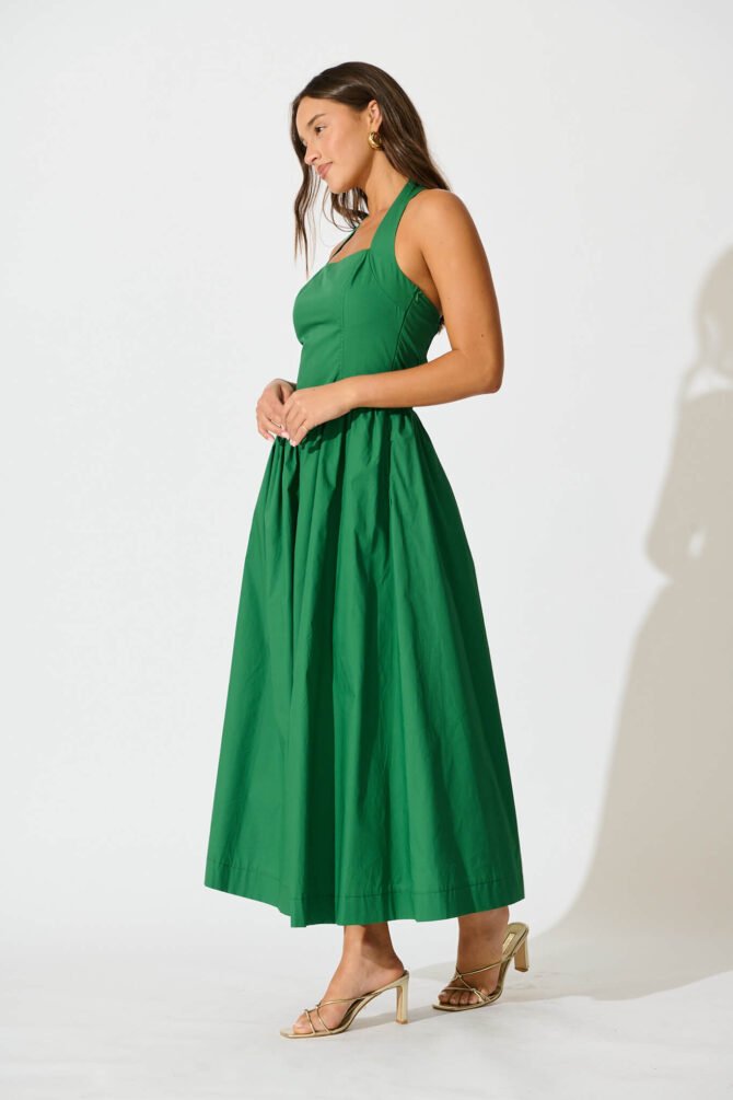 Halter Neck Maxi Dress in Green Cotton - Image 3