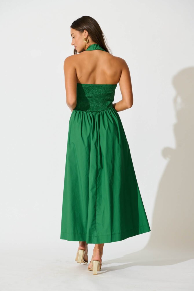 Halter Neck Maxi Dress in Green Cotton - Image 4