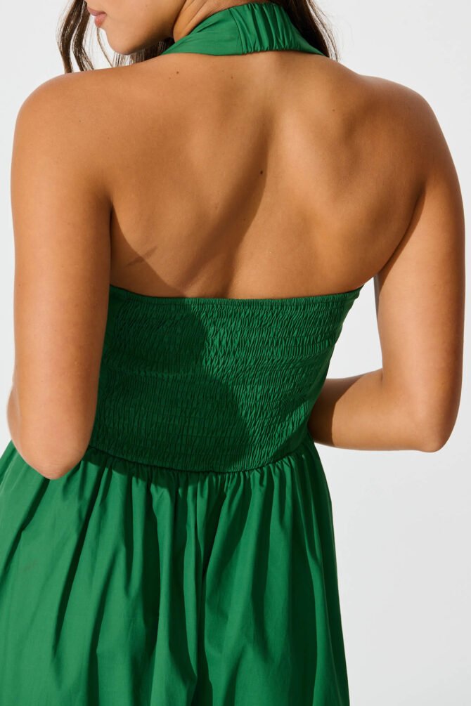 Halter Neck Maxi Dress in Green Cotton - Image 5