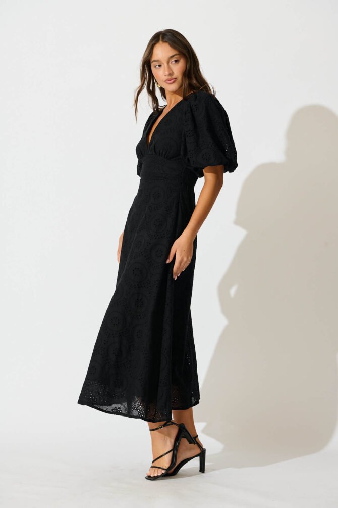 Maxi Dress In Black Broderie Cotton - Image 3
