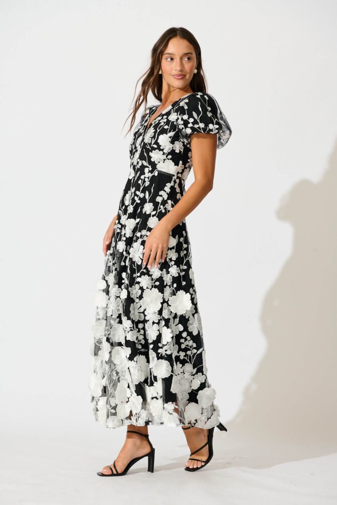 Maxi Dress in Black and White Embroidered Tulle - Image 3