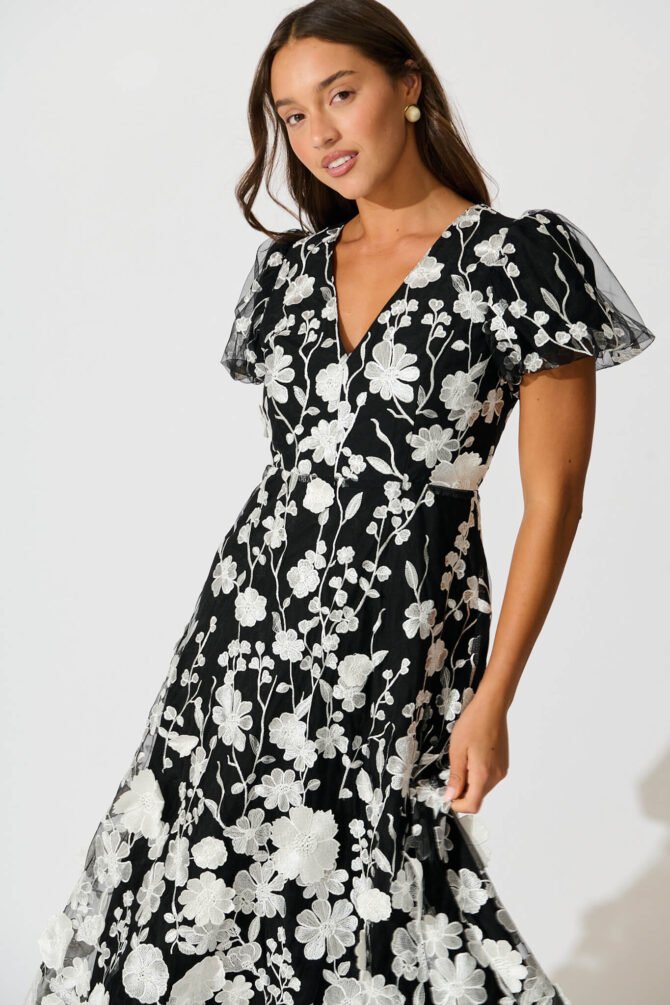 Maxi Dress in Black and White Embroidered Tulle - Image 2