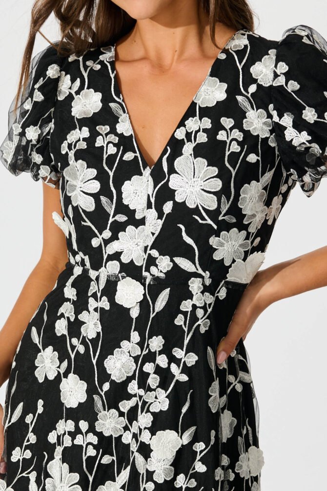 Maxi Dress in Black and White Embroidered Tulle - Image 5
