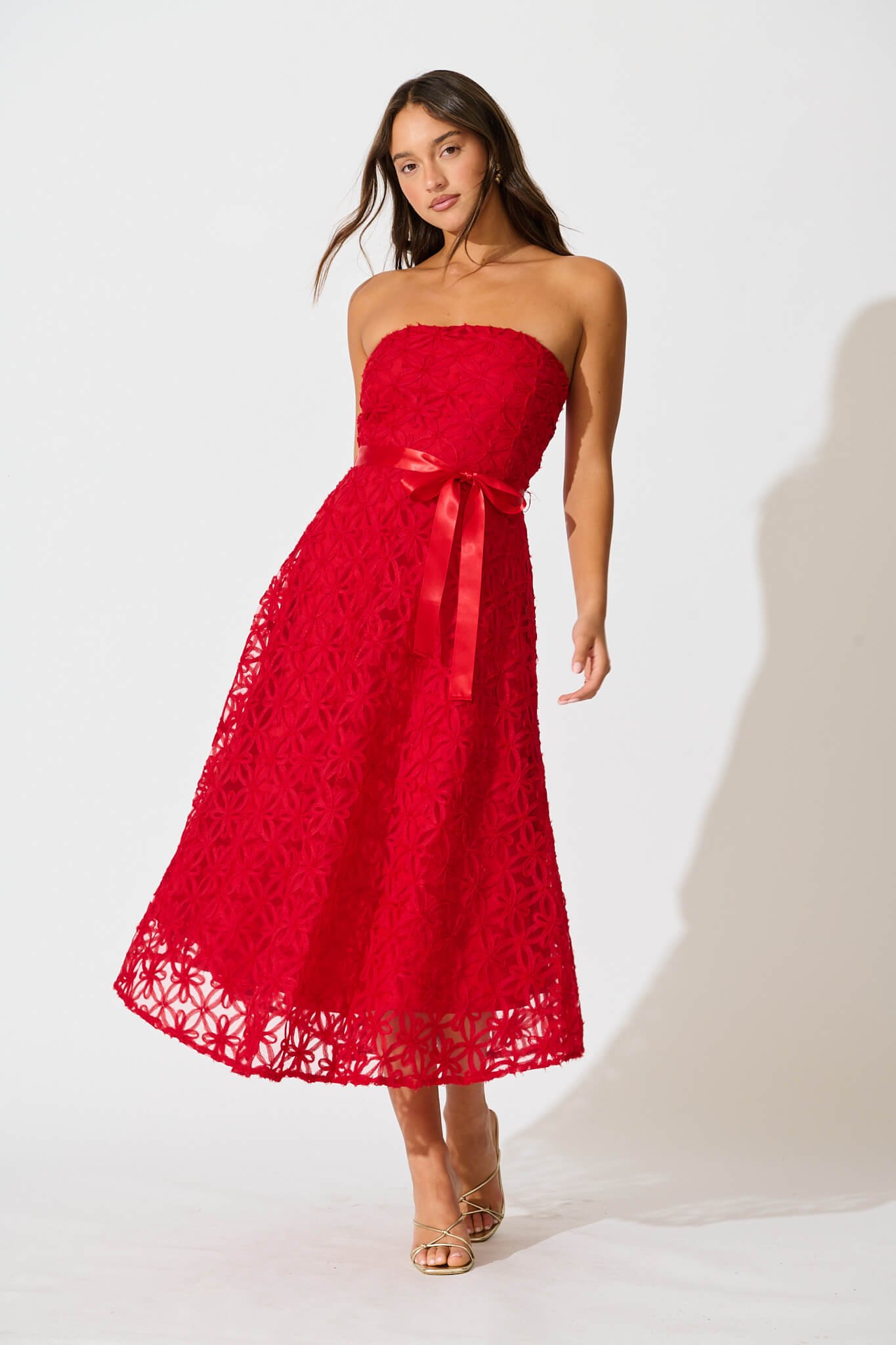 Midi Dress in Red Floral Embroidered Tulle