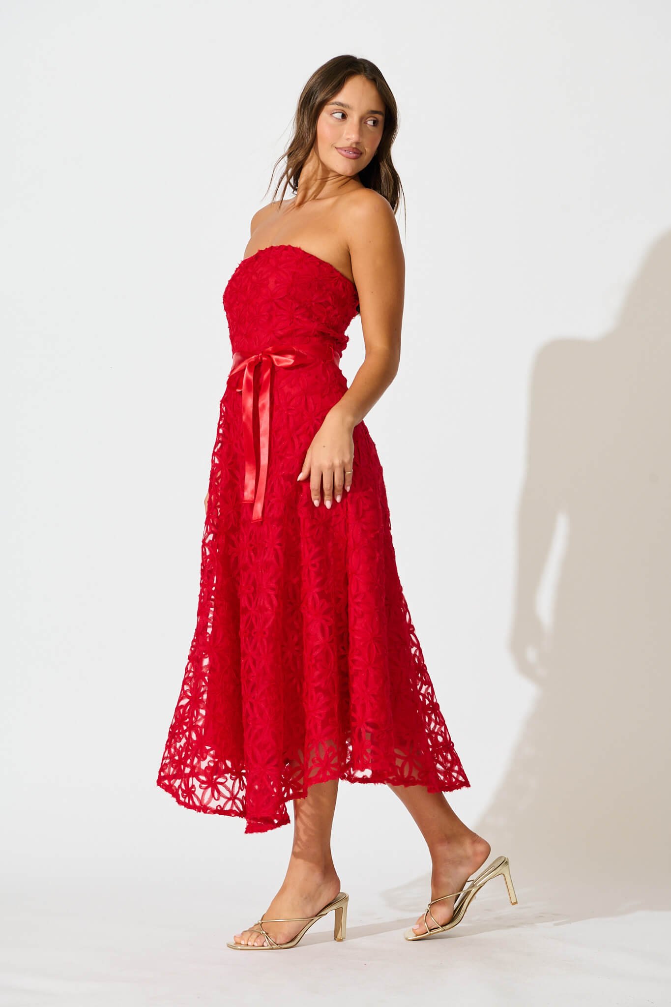 Midi Dress in Red Floral Embroidered Tulle - Image 3