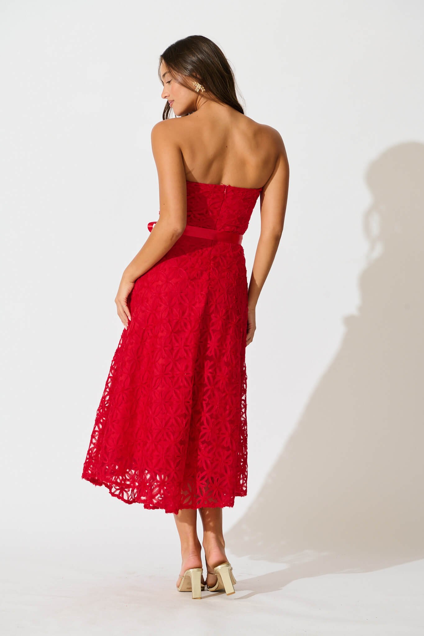 Midi Dress in Red Floral Embroidered Tulle - Image 4