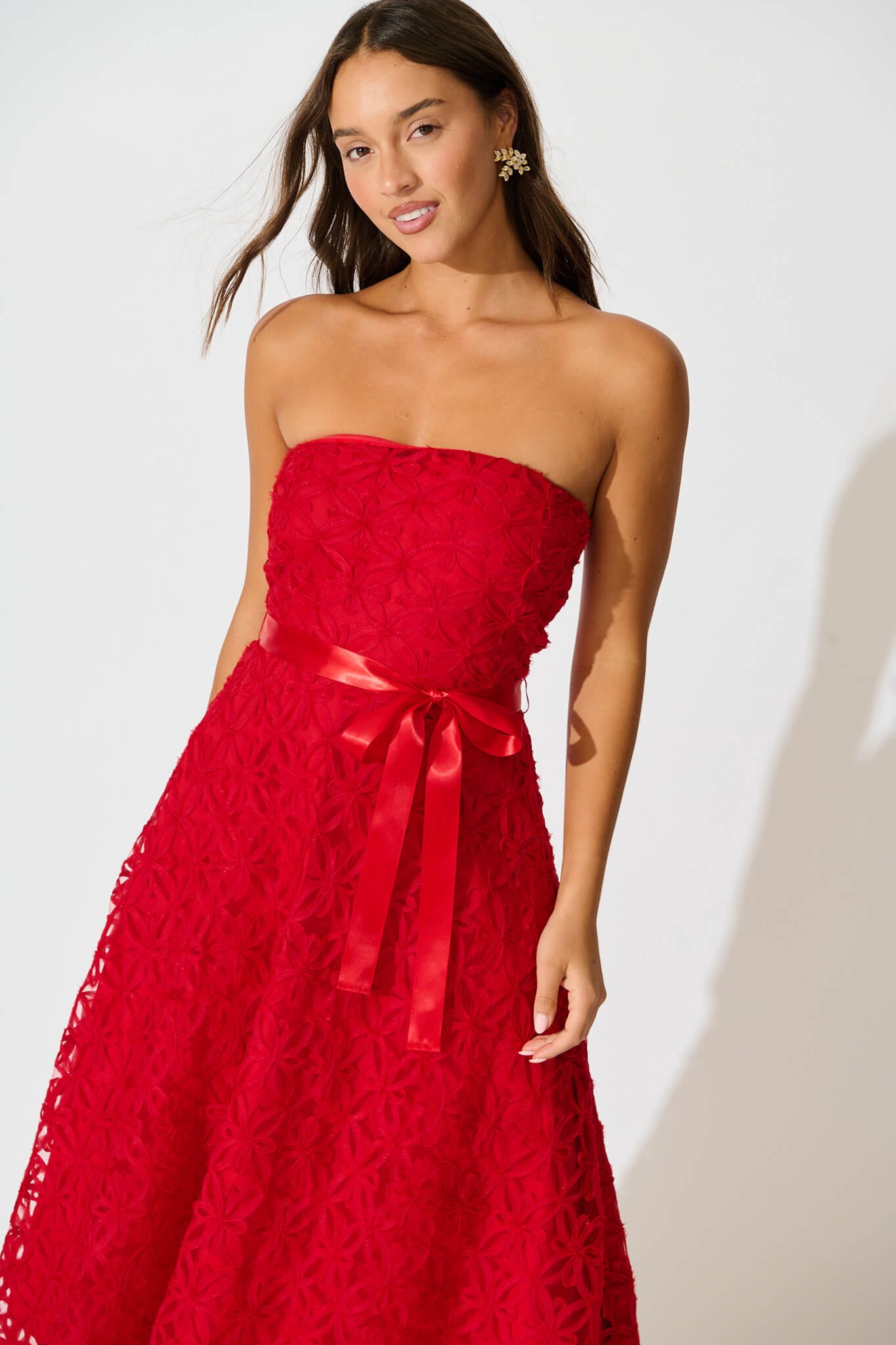 Midi Dress in Red Floral Embroidered Tulle - Image 2