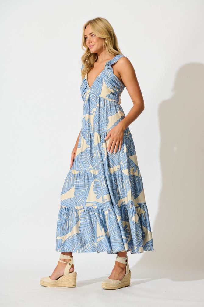 Maxi Sundress In Cream with Blue Leaf - Image 3