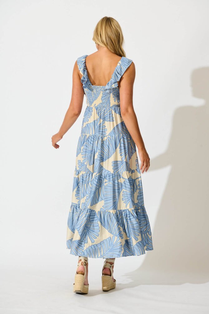 Maxi Sundress In Cream with Blue Leaf - Image 4