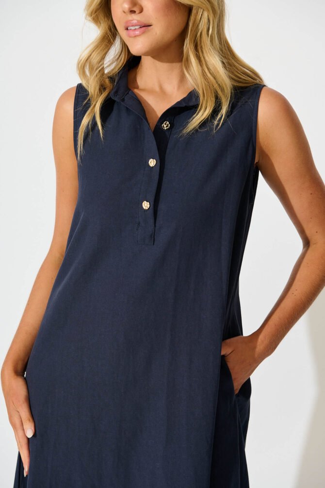 Midi Dress in Navy Linen Blend - Image 5