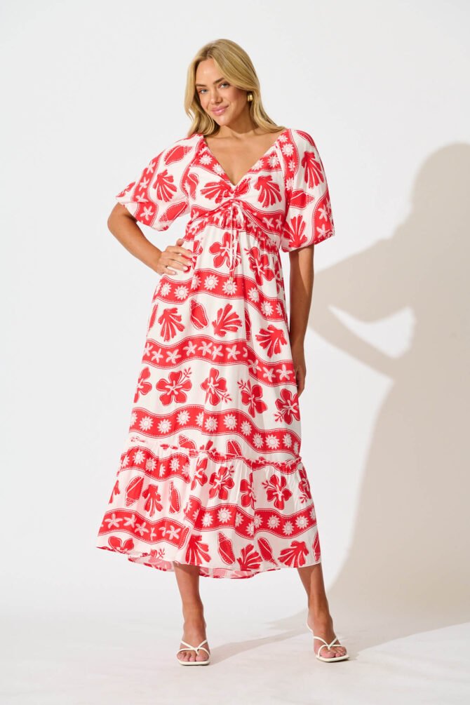 Maxi Dress in Red with White Print