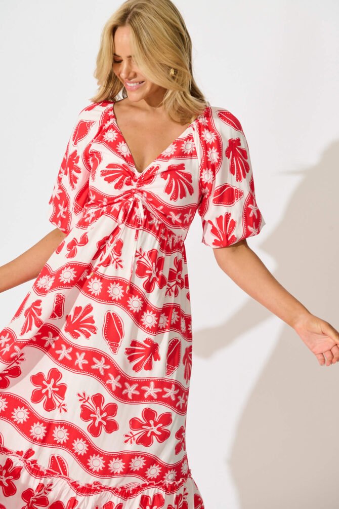 Maxi Dress in Red with White Print - Image 2