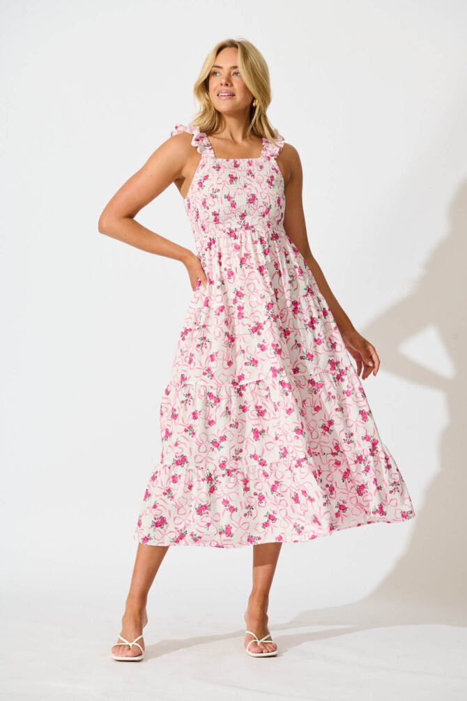 Midi Sundress In Pink Floral Print Cotton