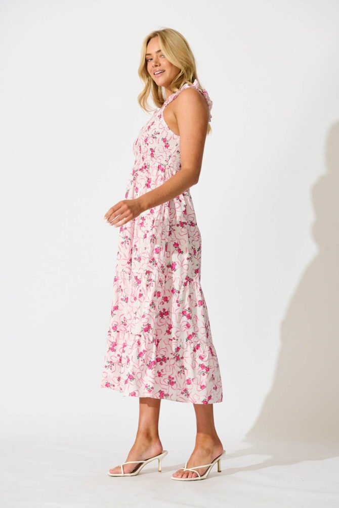 Midi Sundress In Pink Floral Print Cotton - Image 3