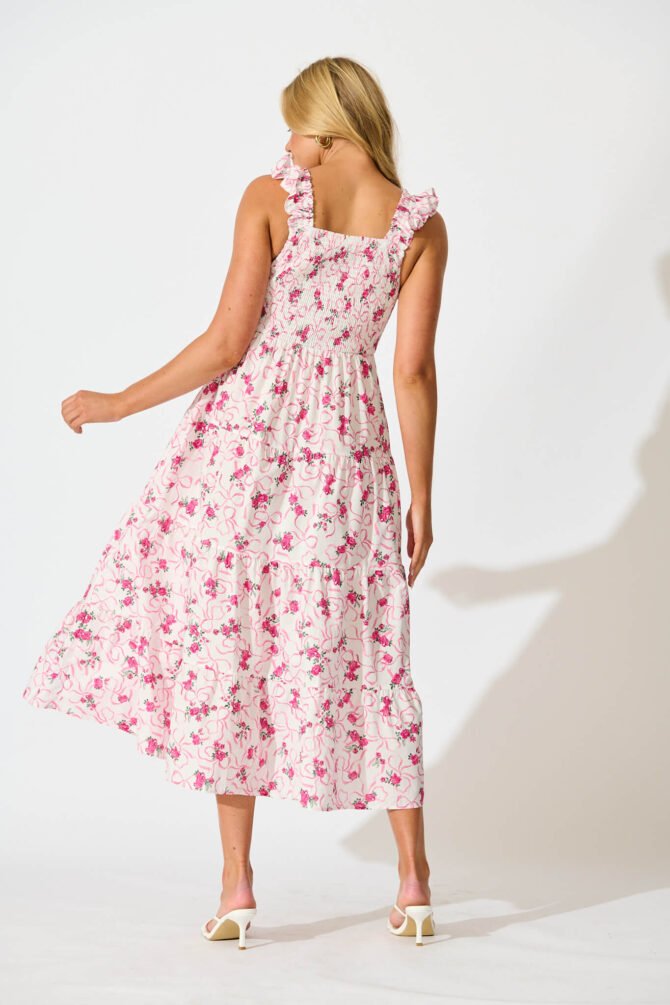 Midi Sundress In Pink Floral Print Cotton - Image 4