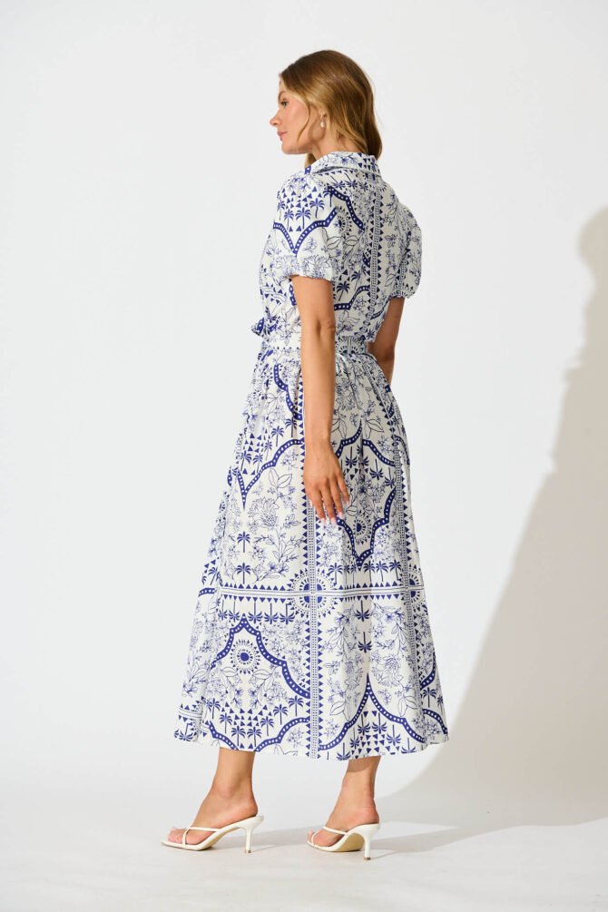 Maxi Shirt Dress In White and Blue Cotton Linen - Image 4