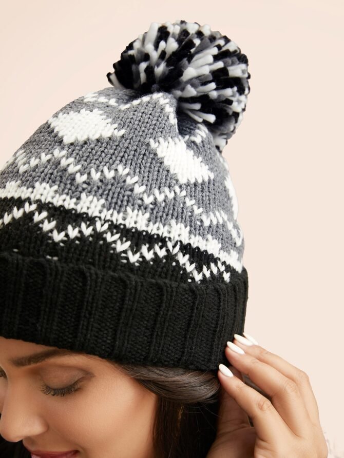 Geometric Jacquard Fluffy Ball Hat - Image 3