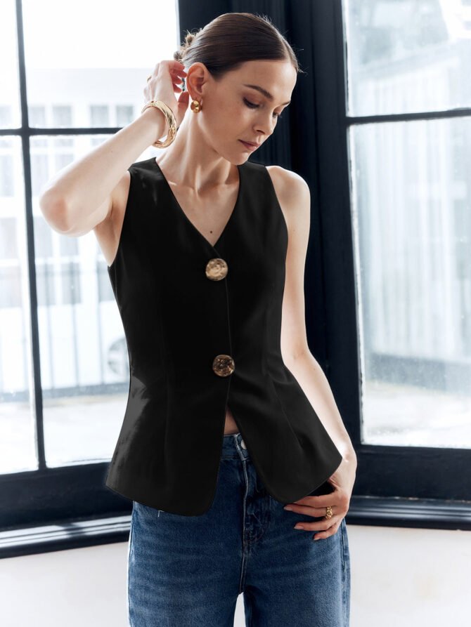 Cotton & Linen Metal Button Solid Vest - Image 6