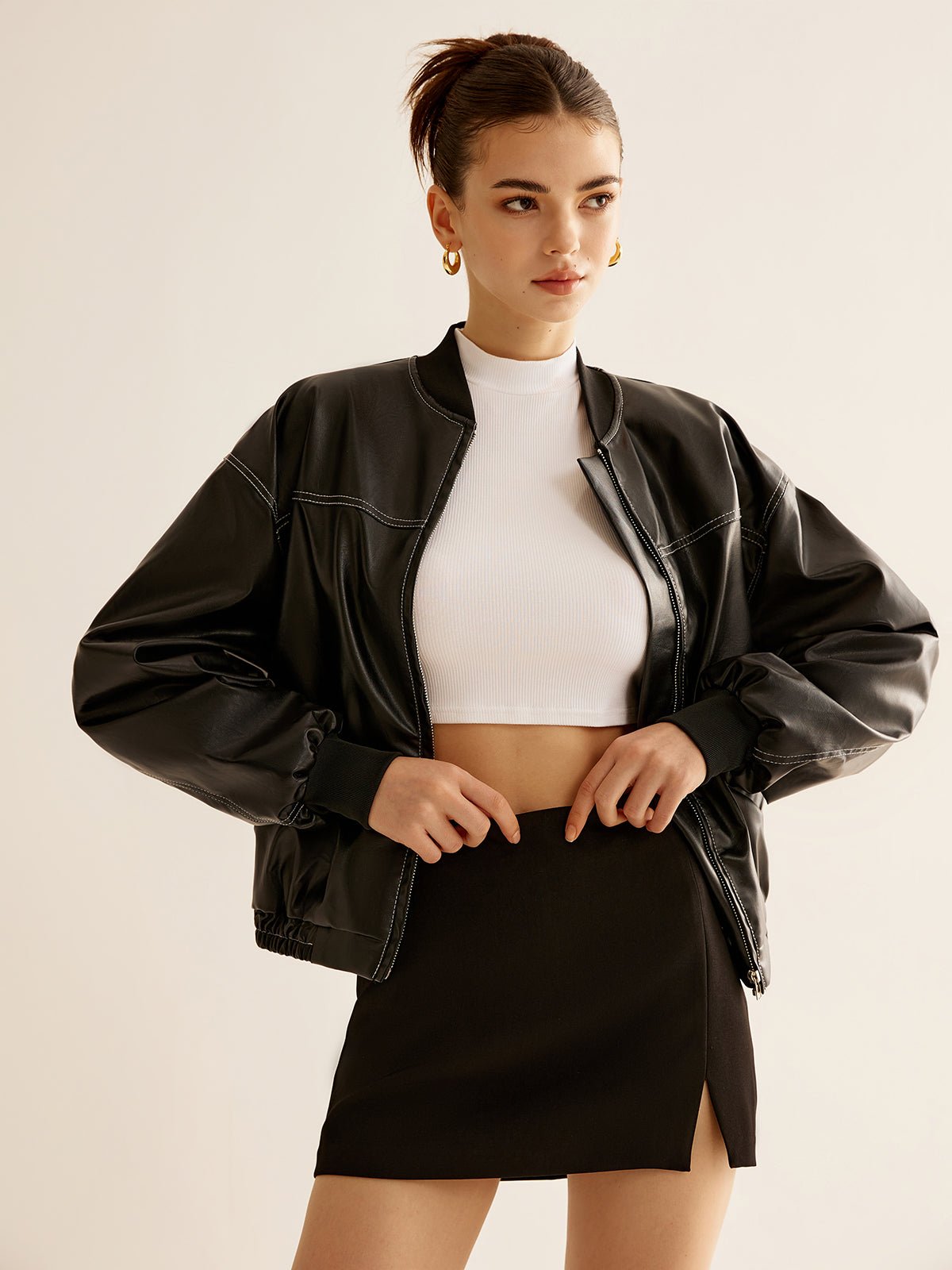 Vintage Zipper PU Leather Short Jacket - Image 5