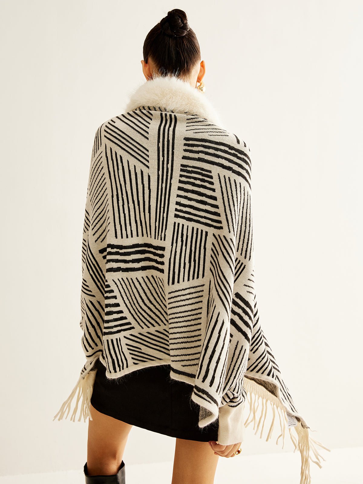 Geometric Striped Tassel Knit Minky Shawl - Image 2