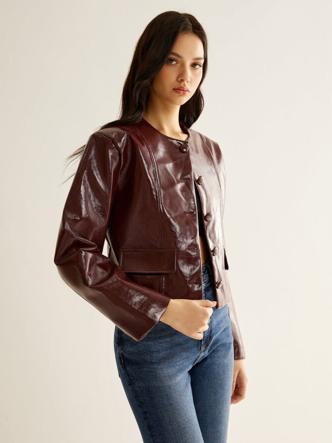 Crew Neck PU Leather Short Blazer - Image 3