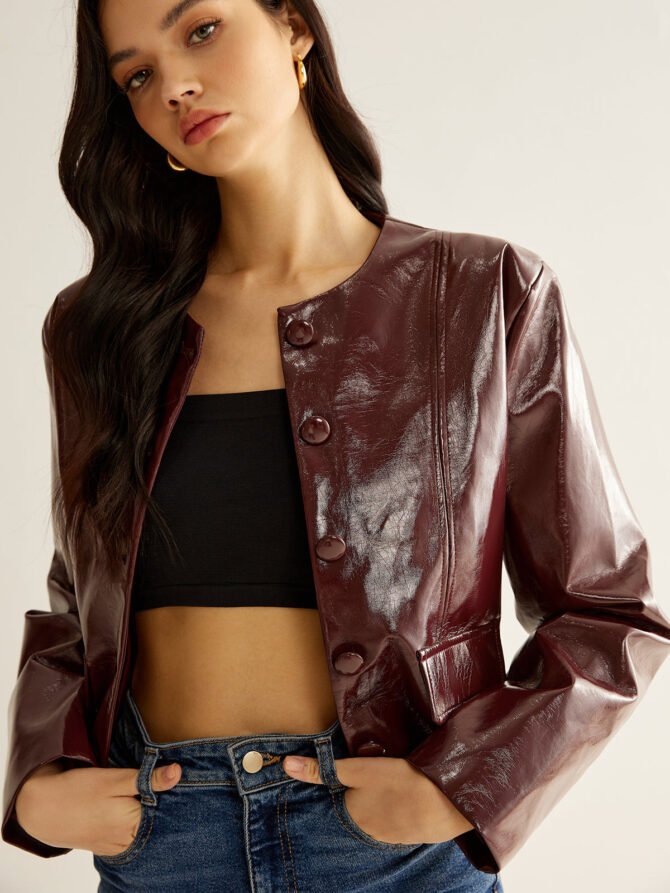 Crew Neck PU Leather Short Blazer - Image 4