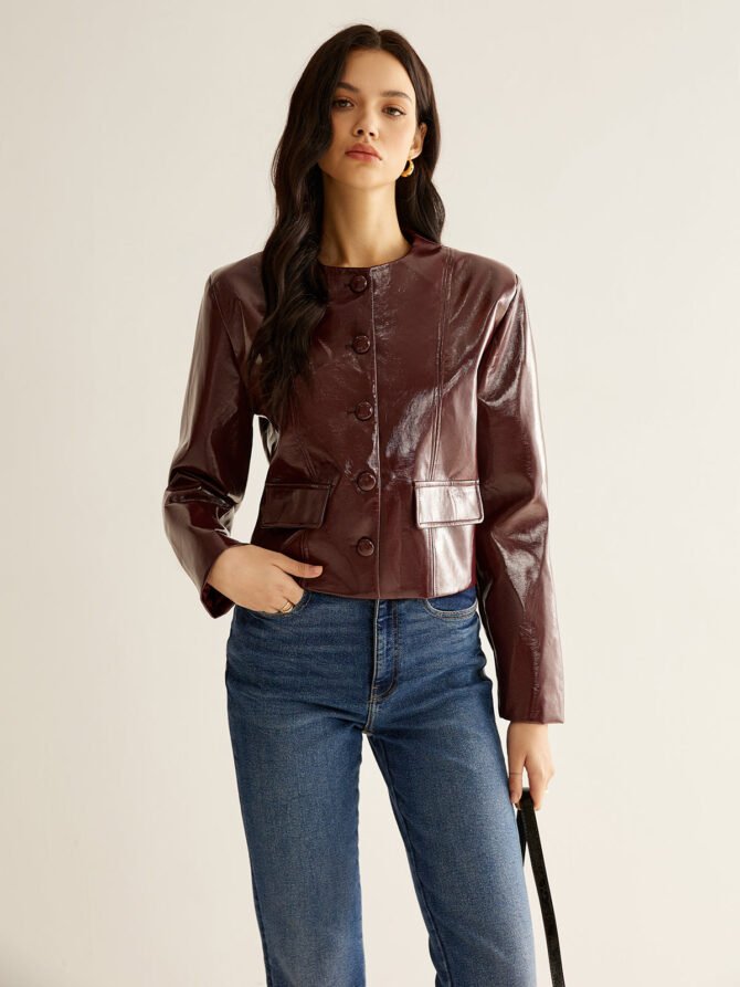 Crew Neck PU Leather Short Blazer - Image 2