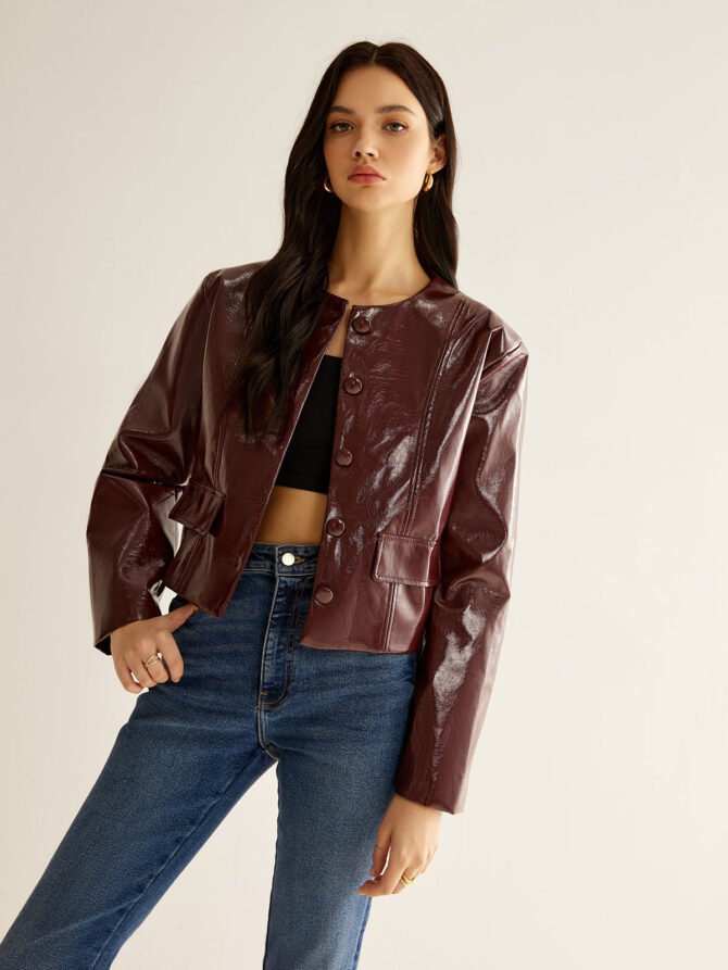 Crew Neck PU Leather Short Blazer - Image 5