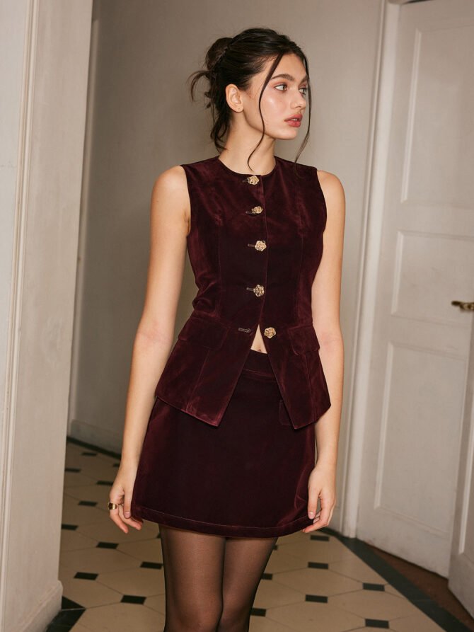 Metal-Button Velvet Cinched Vest - Image 4