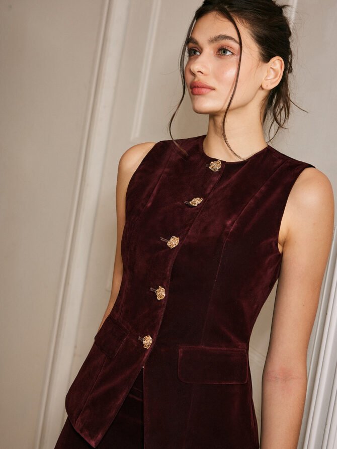 Metal-Button Velvet Cinched Vest - Image 3