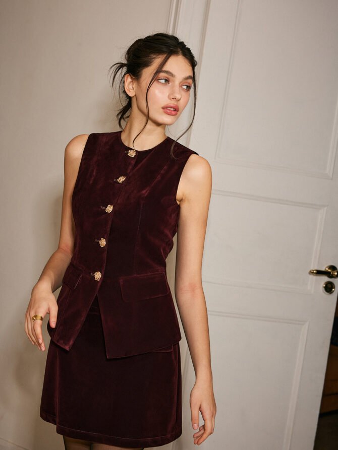 Metal-Button Velvet Cinched Vest - Image 2